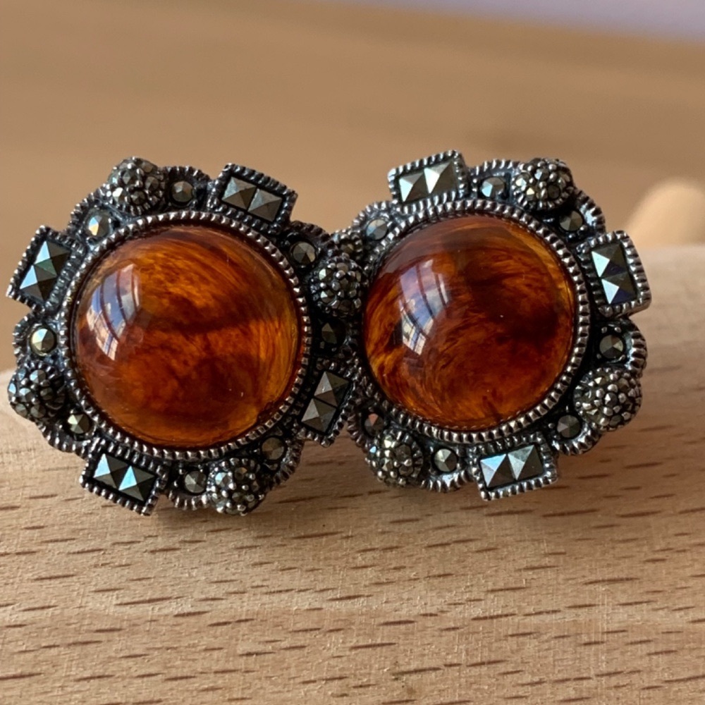 VINTAGE JUDITH JACK LARGE TORTOISE FAUX AMBE MARCASITE EARRINGS OMEGA LOCK 925SS